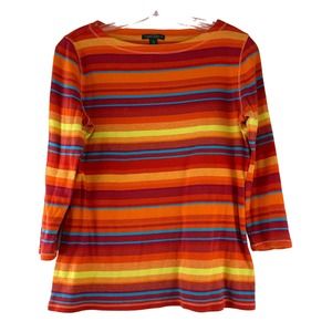 Lauren Ralph Lauren Jeans Co Pullover Top Women Size L Orange Striped 3/4 Sleeve